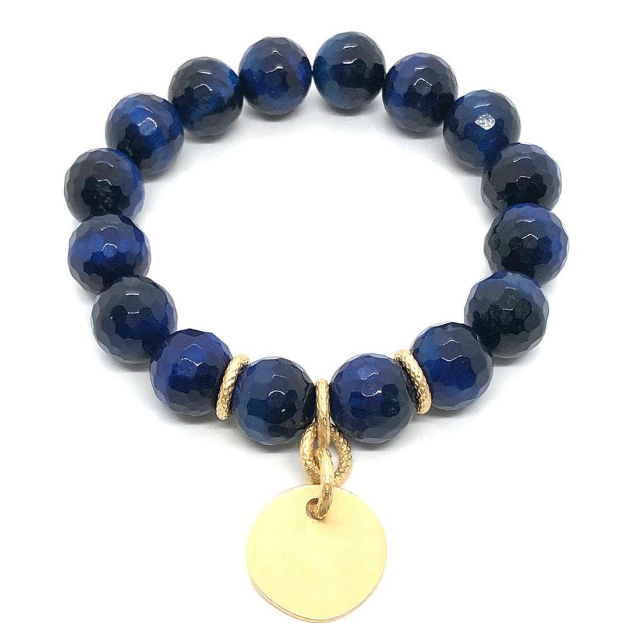 Bracelets * | Deborah Grivas Blue Tiger Eye Stretch Bracelet With Charm