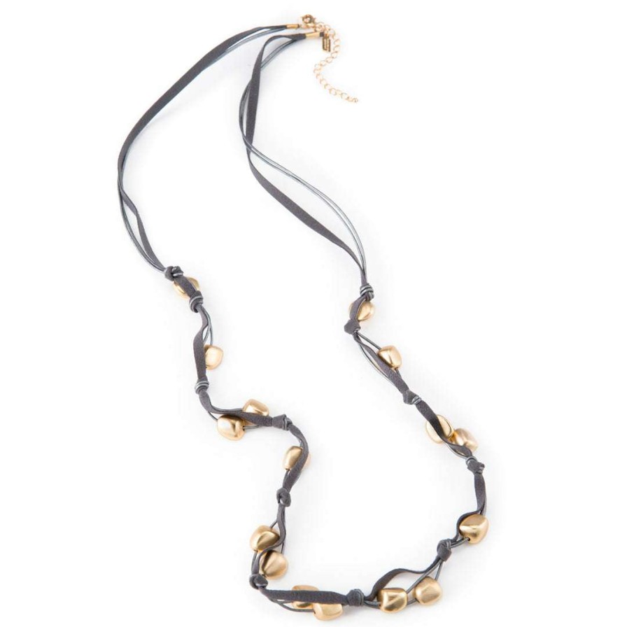 Necklaces * | Deborah Grivas Matte Gold Bead Gray Suede Long Layer Necklace Necklaces