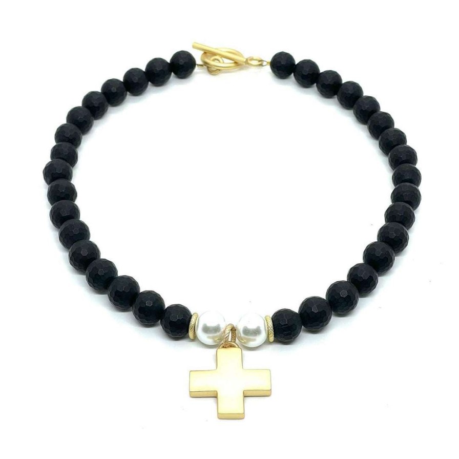 Necklaces * | Deborah Grivas Matte Gold Cross Matte Black Onyx With White Pearl Accent Necklace