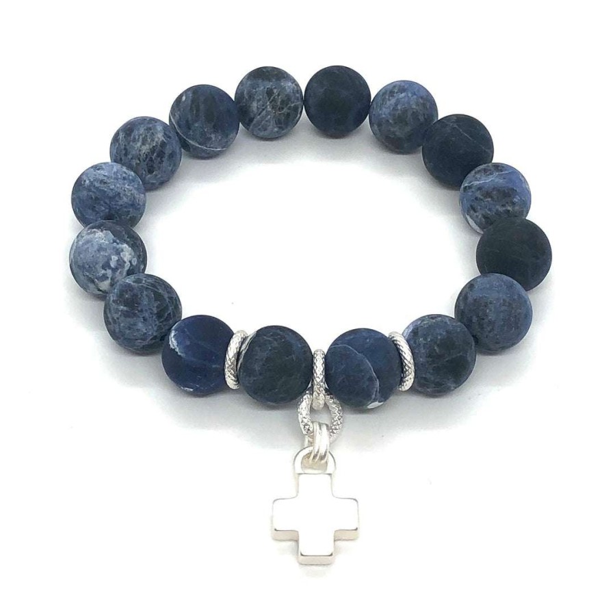 Bracelets * | Deborah Grivas Bracelets Blue Sodalite Stretch Bracelet With Cross