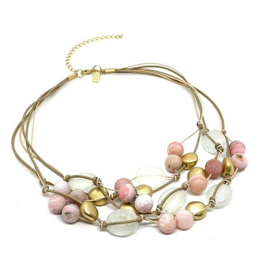 Necklaces * | Deborah Grivas Natural Pink Opal Matte White Crystal Toursade Necklace