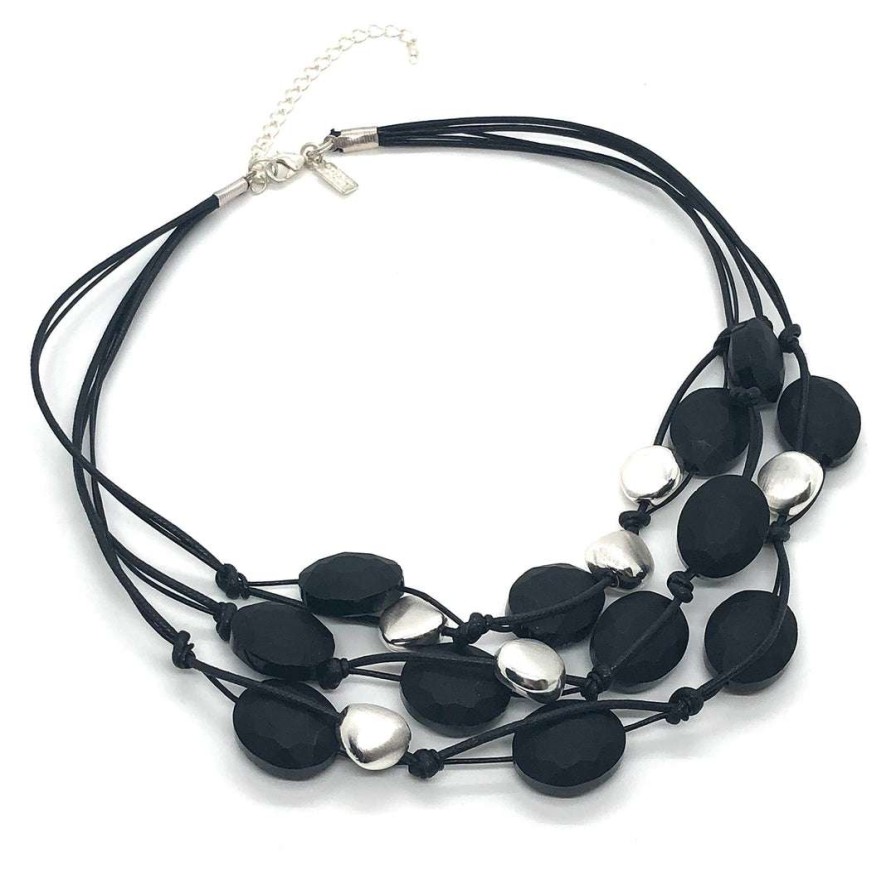 Necklaces * | Deborah Grivas Necklaces Matte Black Oval Crystal And Matte Silver Bead Necklace