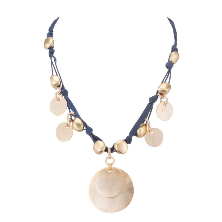 Necklaces * | Deborah Grivas Matte Gold Coin Charm Navy Suede Necklace