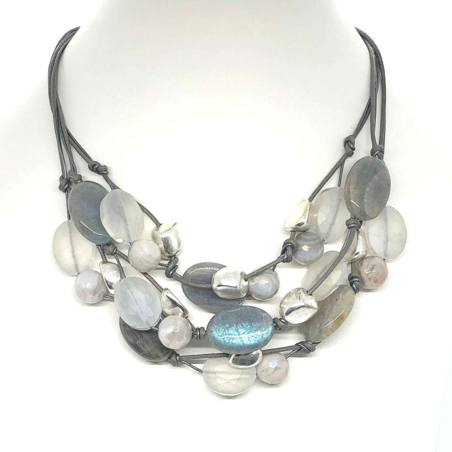 Necklaces * | Deborah Grivas Necklaces Natural Labradorite Oval With Matte White Oval Crystal And Matte Silver Bead Toursade Necklace