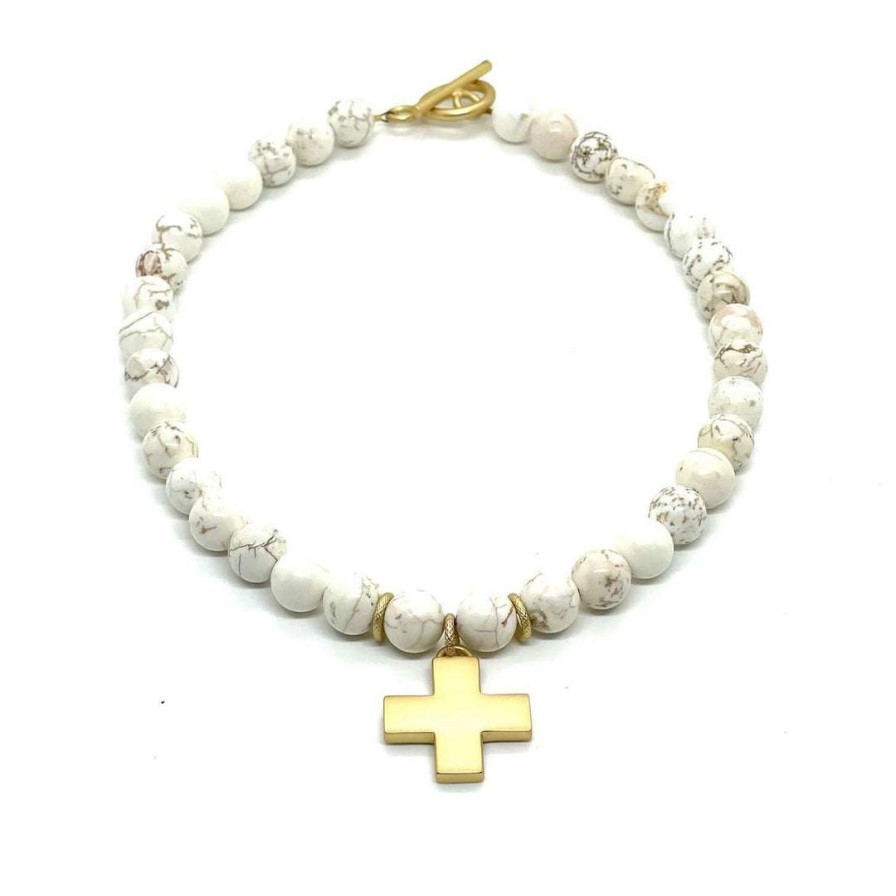 Necklaces * | Deborah Grivas White Magnesite Matte Gold Cross Necklace