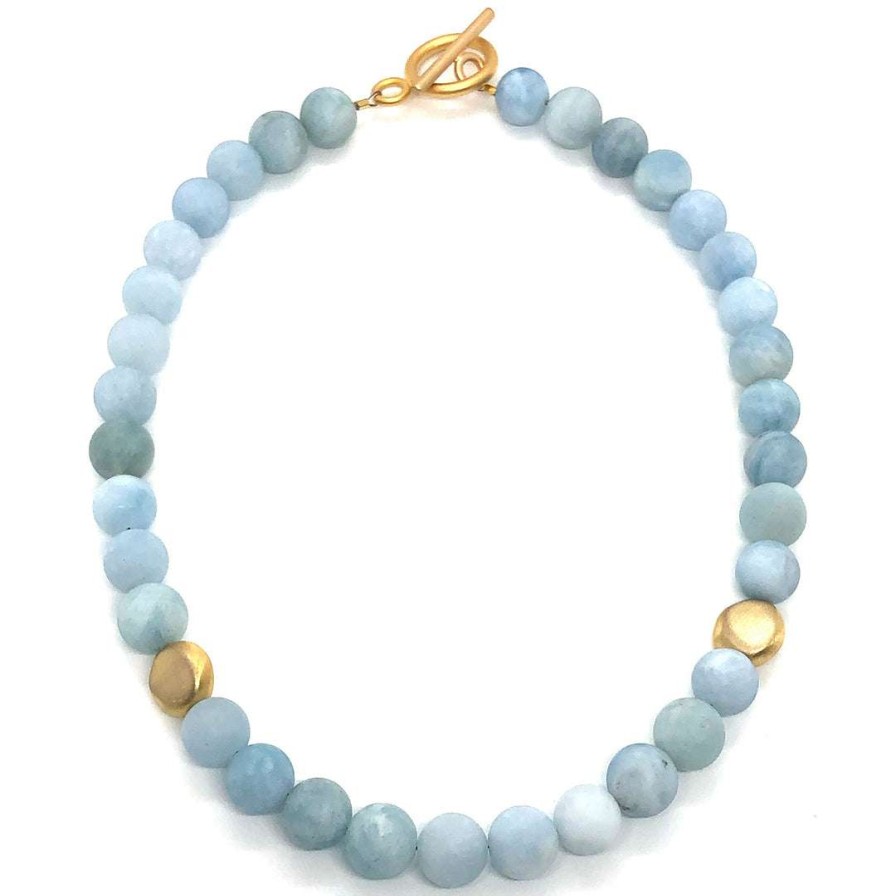 Necklaces * | Deborah Grivas Matte Aquamarine With Matte Gold Flat Bead Necklace