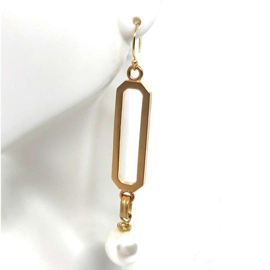 Earrings * | Deborah Grivas Paperclip White Pearl Drop Matte Gold Earrings