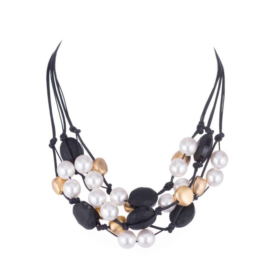 Necklaces * | Deborah Grivas Necklaces Matte Black Crystal, Pearl, Matte Gold Pebble Bead Torsade Necklace