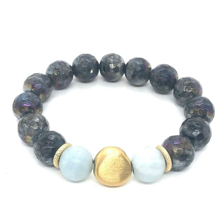 Bracelets * | Deborah Grivas Bracelets Natural Labradorite And Matte Aqua Marine Matte Gold Nugget Stretch Bracelet