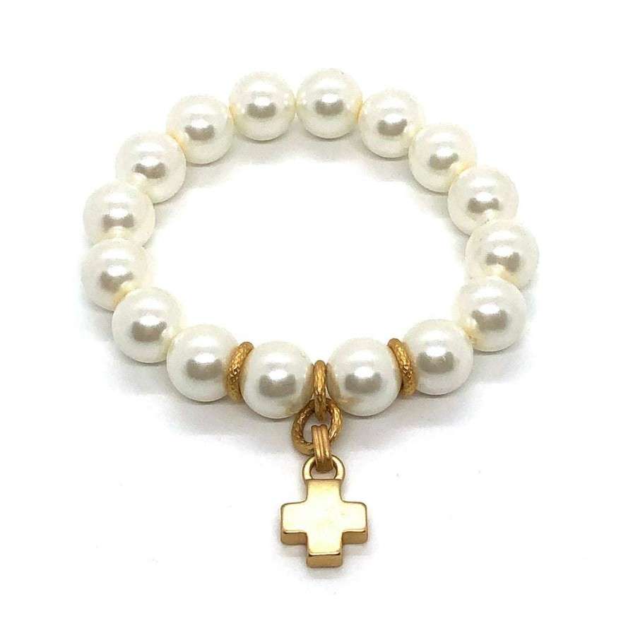 Bracelets * | Deborah Grivas White Glass Pearl And Matte Gold Cross Charm Stretch Bracelet Bracelets