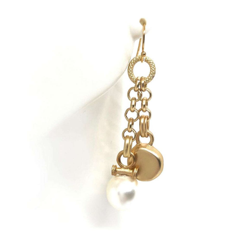 Earrings * | Deborah Grivas White Pearl Matte Gold Rolo Chain Matte Gold Charm Earrings