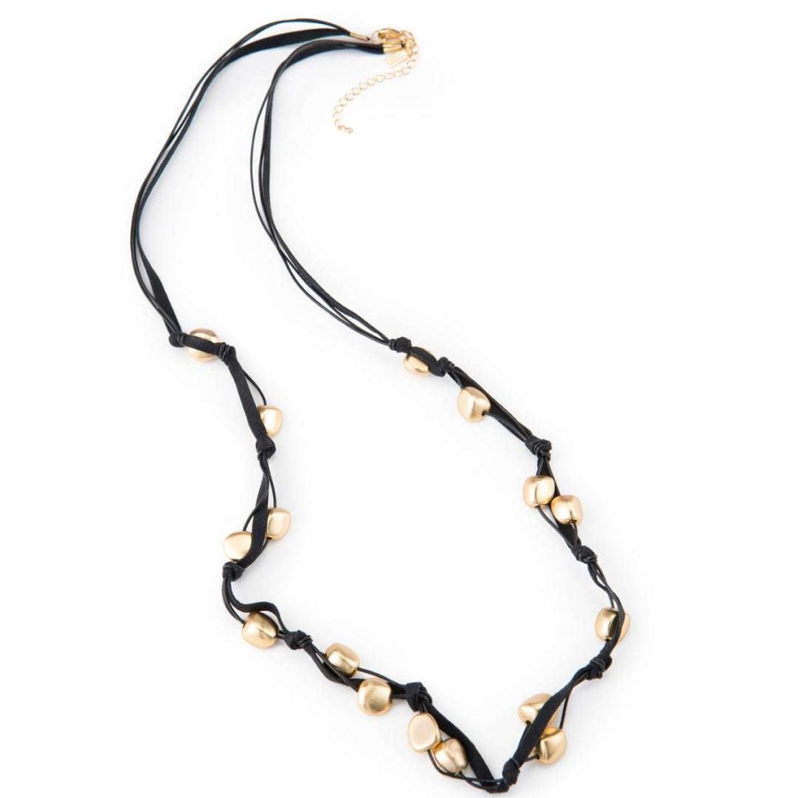 Necklaces * | Deborah Grivas Matte Gold Bead Black Suede Long Layer Necklace