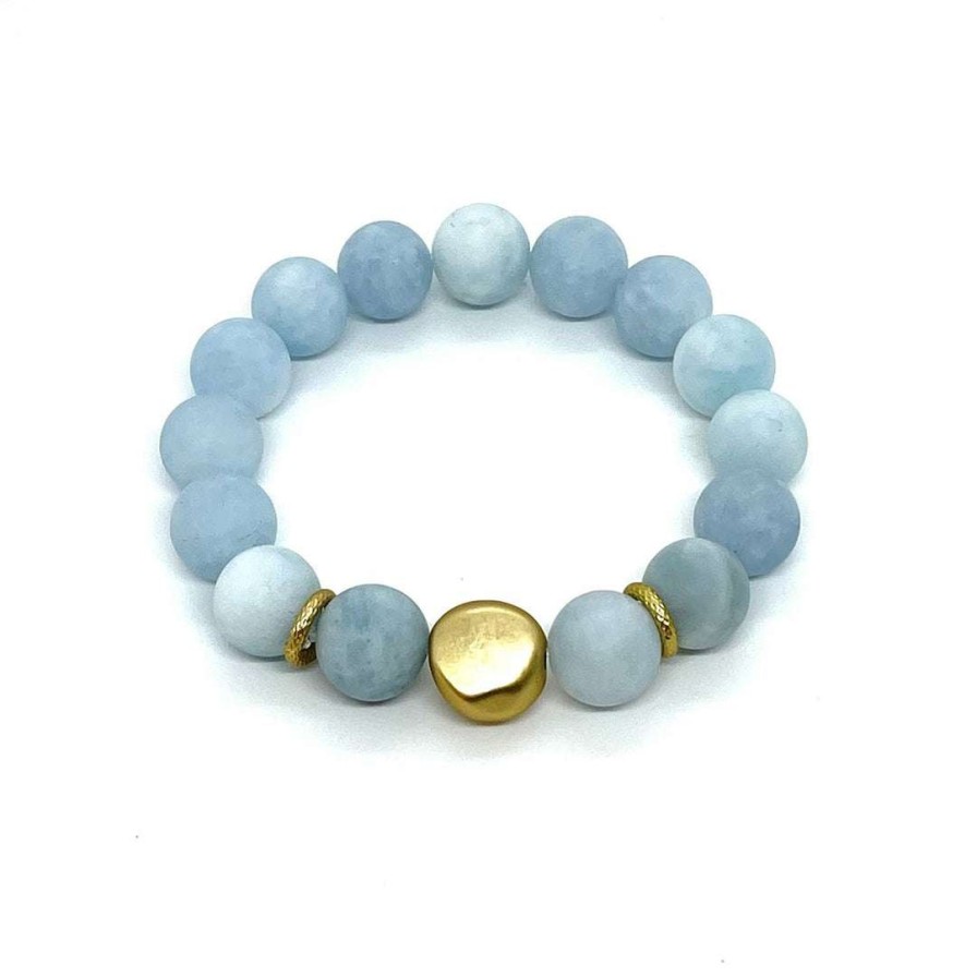 Bracelets * | Deborah Grivas Matte Aqua Marine Flat Matte Gold Stretch Bracelet