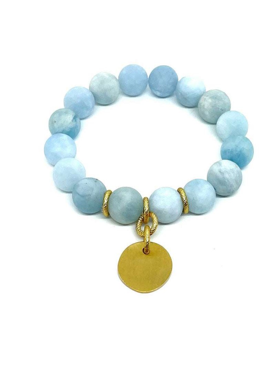 Bracelets * | Deborah Grivas Matte Aqua Marine Flat Matte Gold Stretch Bracelet