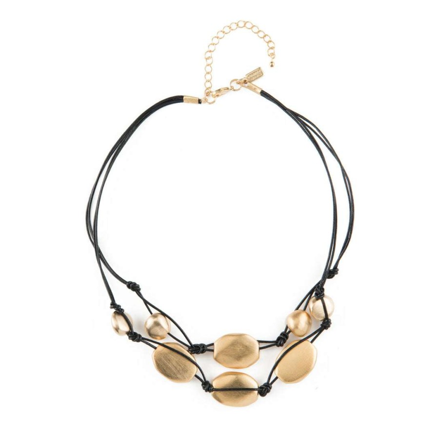 Necklaces * | Deborah Grivas Necklaces Matte Gold Plate Bead Two Strand Graduated Black Leather Necklace