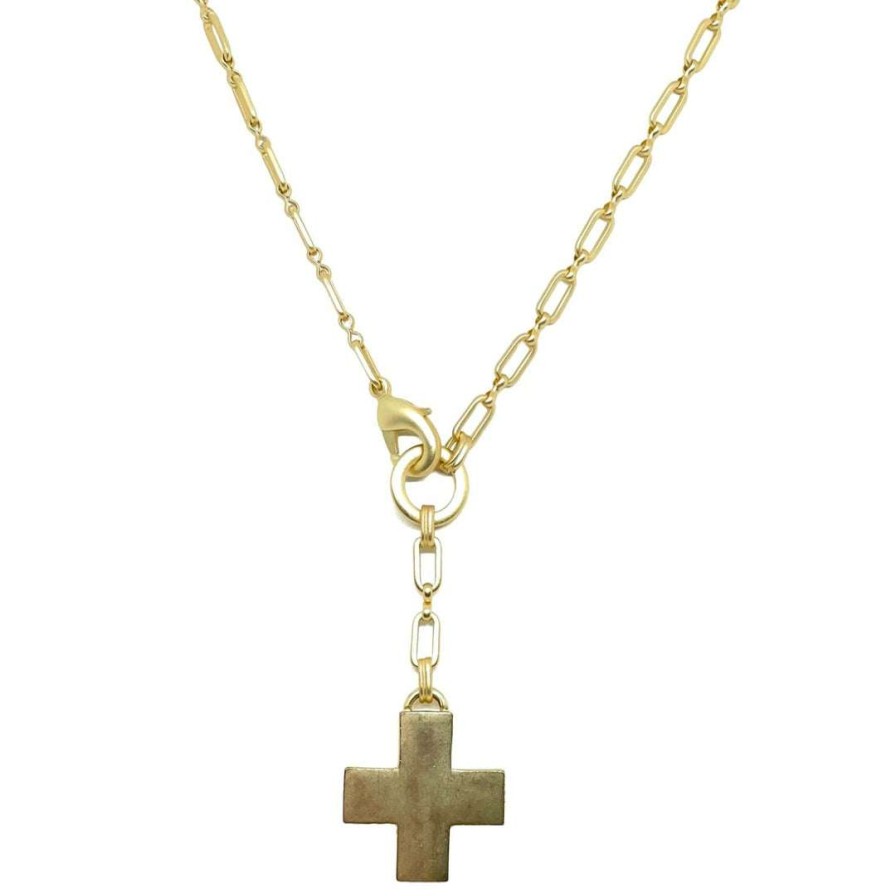 Necklaces * | Deborah Grivas Matte Gold Cross Paperclip Chain Y Necklace