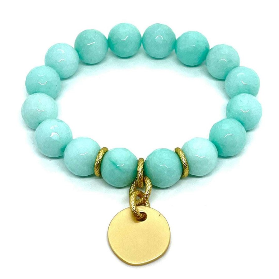 Bracelets * | Deborah Grivas Aqua Jade Stretch Bracelet With Matte Gold Disk Charm