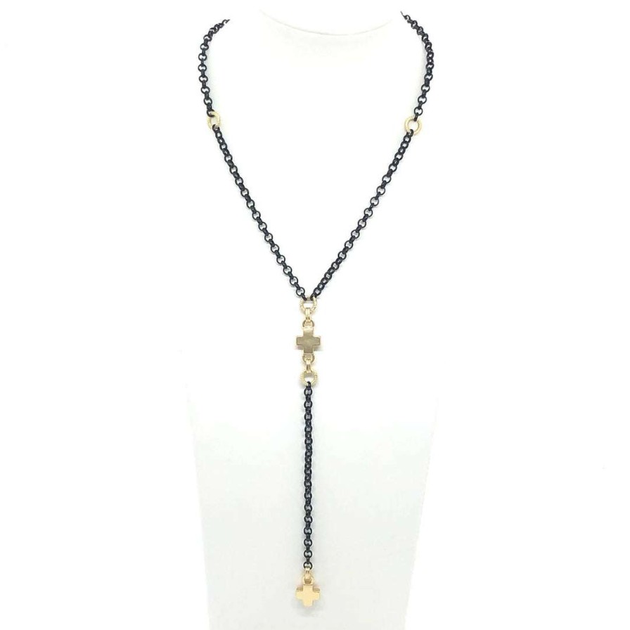 Necklaces * | Deborah Grivas Necklaces Cross On Matte Black Rolo Chain Necklace