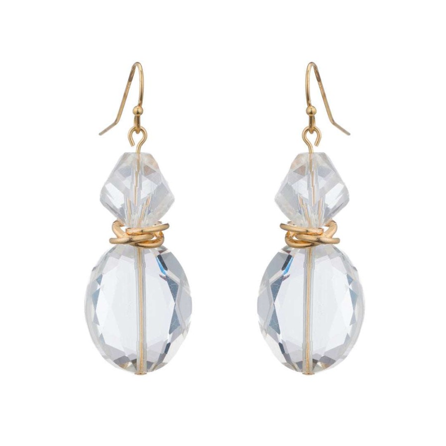 Earrings * | Deborah Grivas White(Clear)Faceted Crystal Two Stone Matte Gold Earrings