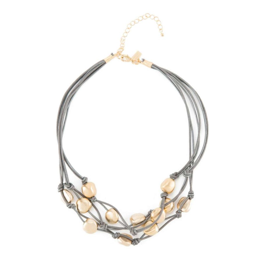 Necklaces * | Deborah Grivas Matte Gold Pebble Bead Three Strand Platinum Leather Necklace