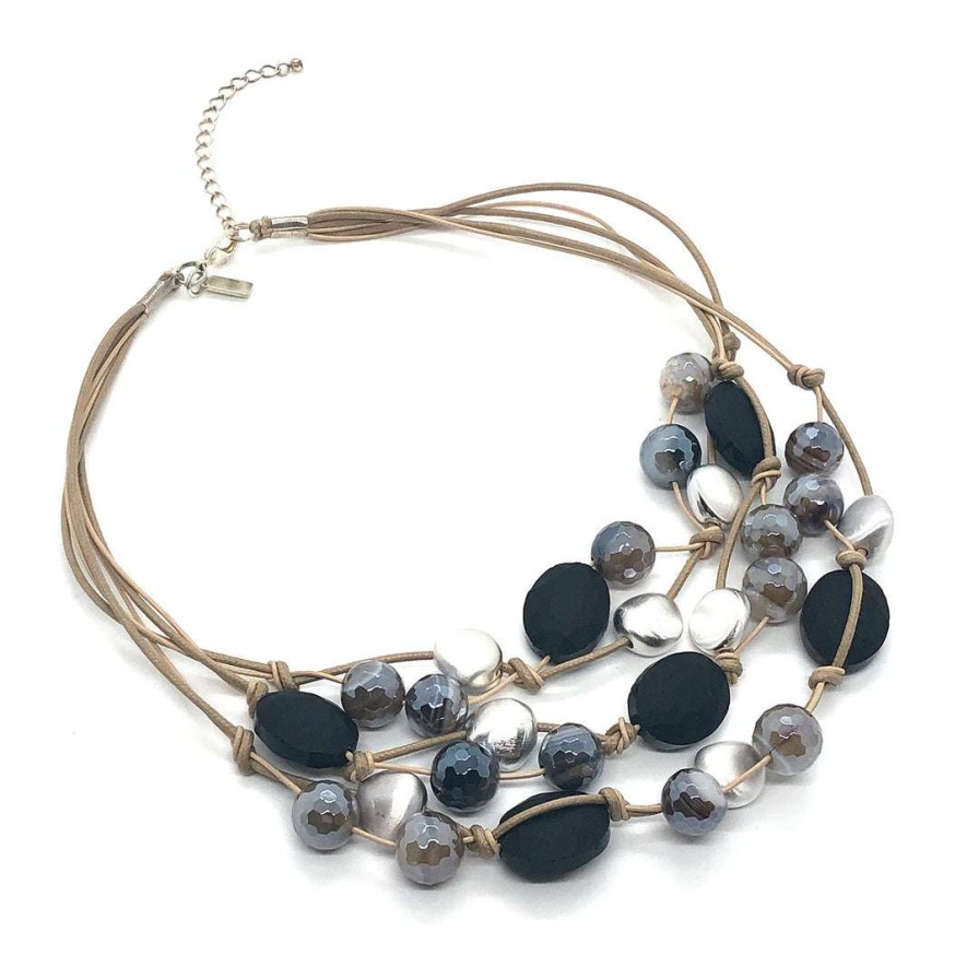 Necklaces * | Deborah Grivas Necklaces Mocha Glazed Agate And Matte Black Crystal With Matte Silver Necklace