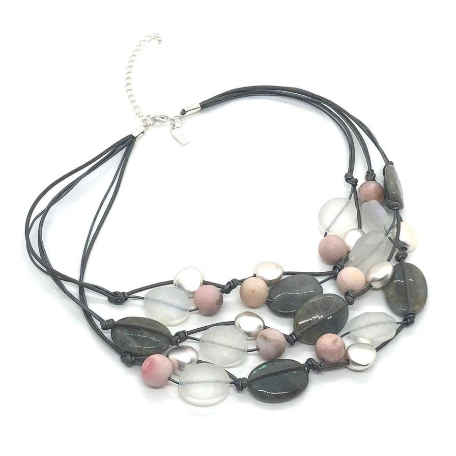 Necklaces * | Deborah Grivas Natural Labradorite, Matte Pink Opal With Matte White Crystal And Matte Silver Toursade Necklace