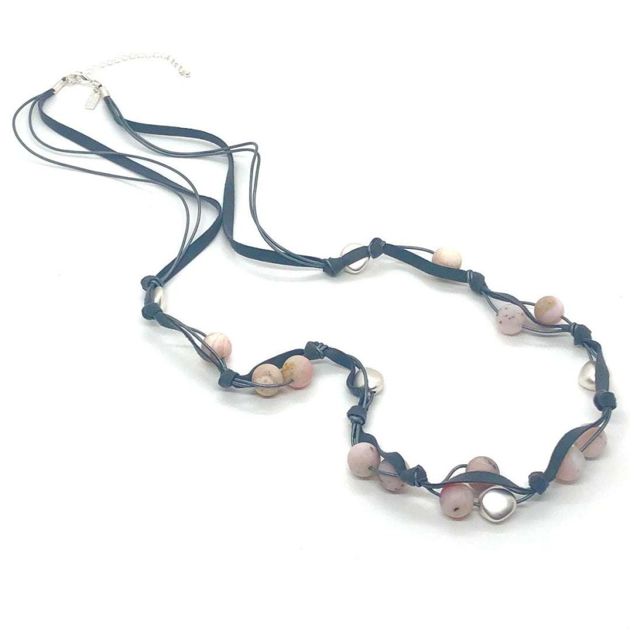 Necklaces * | Deborah Grivas Necklaces Matte Pink Opal With Matte Matte Silver Gray Suede Long Necklace