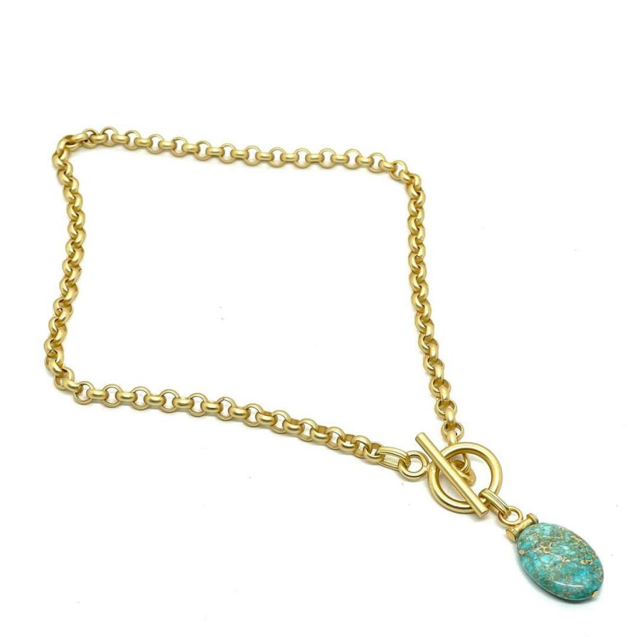 Necklaces * | Deborah Grivas Turquoise Jasper Bar Pendant Matte Gold Chain Necklace New Arrivals