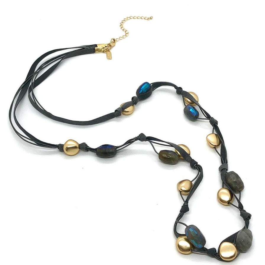 Necklaces * | Deborah Grivas Natural Labradorite Matte Gold Bead Gray Suede Long Layer Necklace