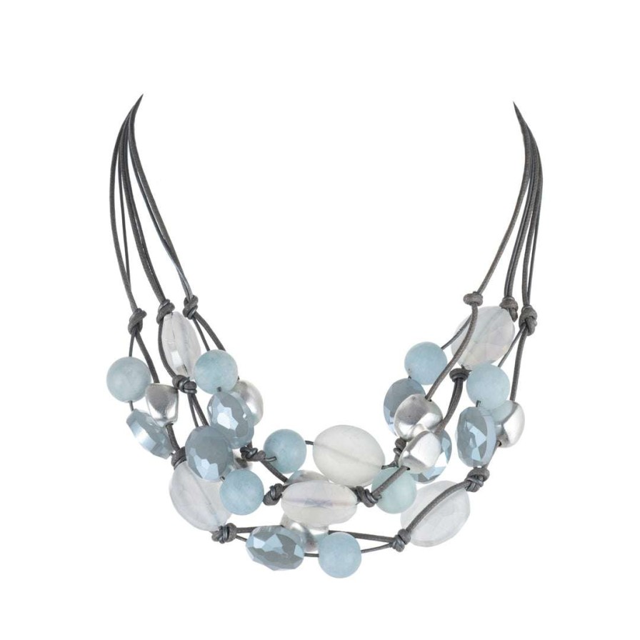 Necklaces * | Deborah Grivas Necklaces Matte White Matte Crystal, Blue Velvet Crystal, Matte Aquamarine And Matte Silver Necklace