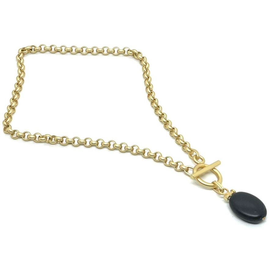 Necklaces * | Deborah Grivas Matte Black Onyx Bar Pendant Matte Gold Chain Necklace