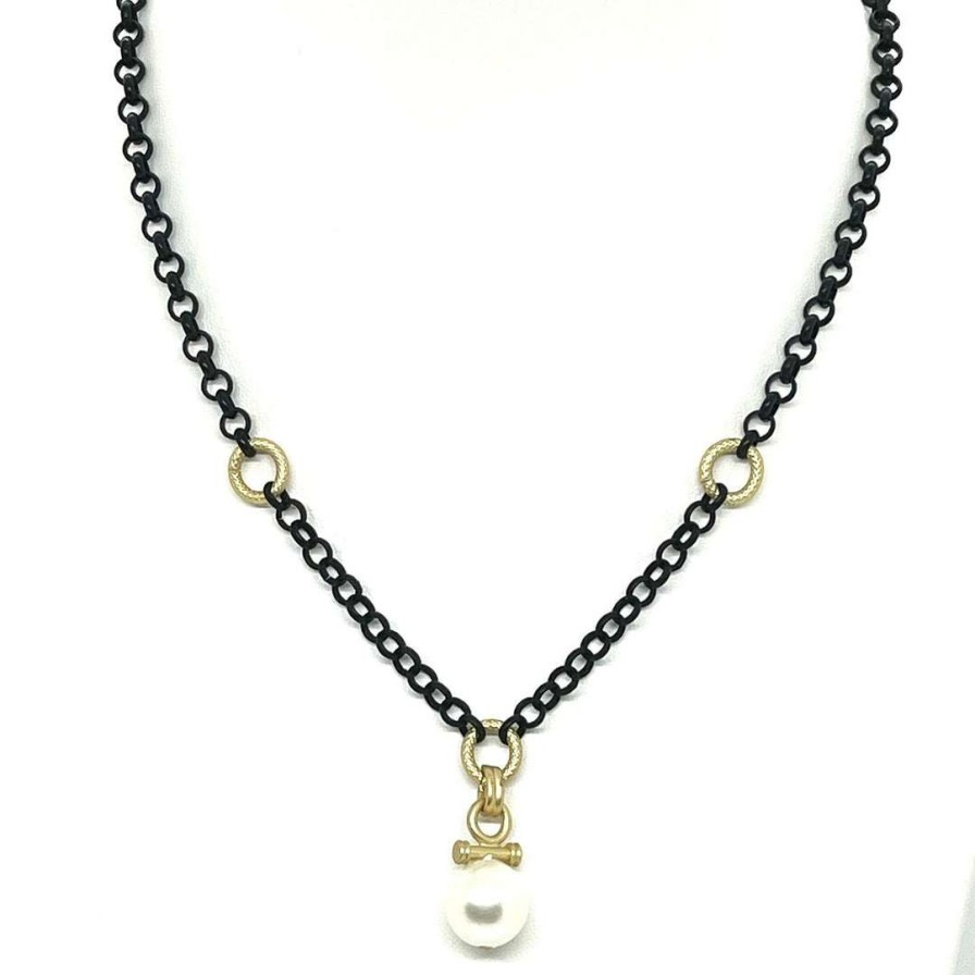 Necklaces * | Deborah Grivas New Arrivals White Pearl Bar Pendant On Matte Black And Gold Chain