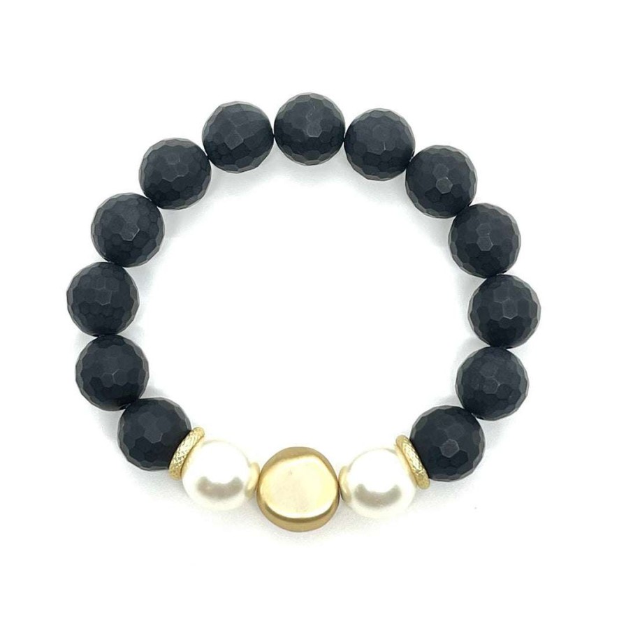 Bracelets * | Deborah Grivas Onyx And Pearl Matte Gold Nugget Stretch Bracelet Bracelets