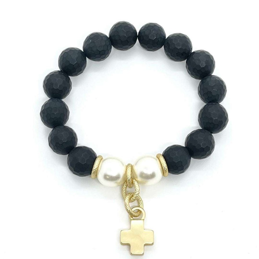 Bracelets * | Deborah Grivas Onyx And Pearl Matte Gold Nugget Stretch Bracelet Bracelets