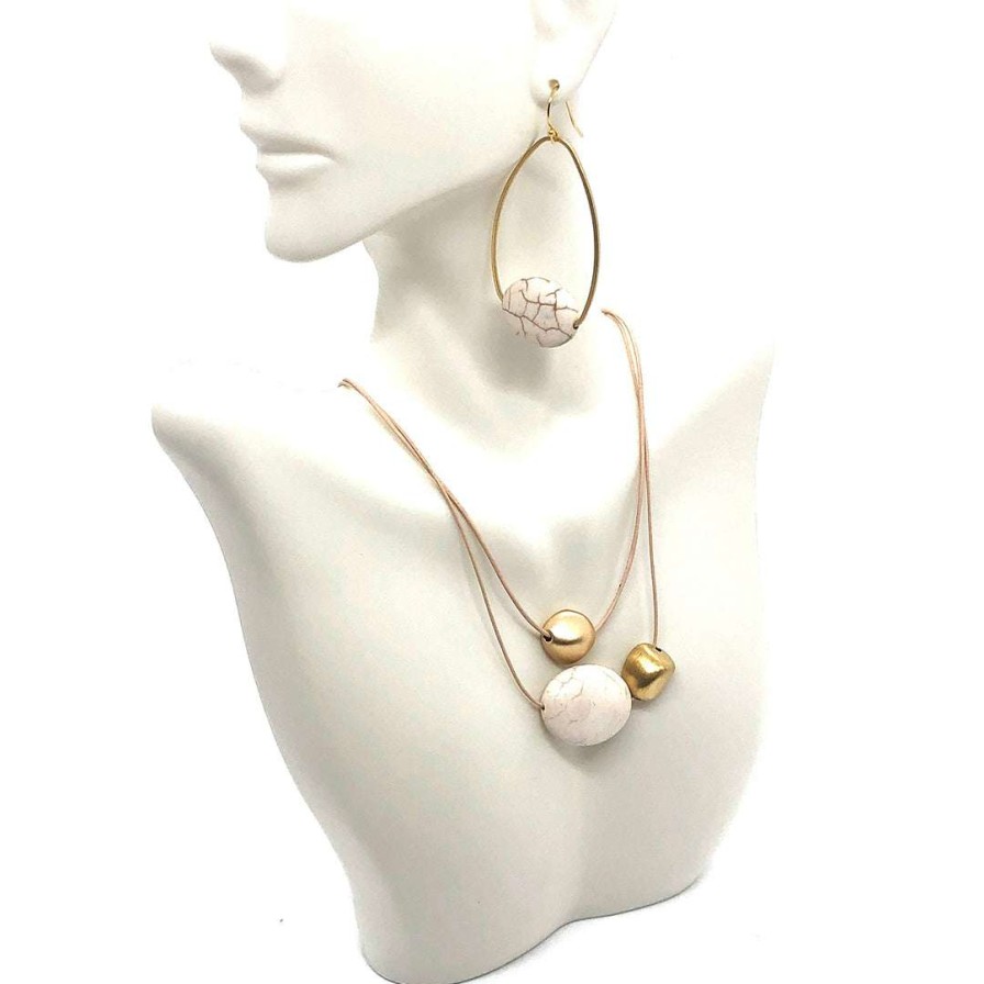 Necklaces * | Deborah Grivas White Magnesite Oval With Matte Gold Bead Graduated Putty Leather Necklace