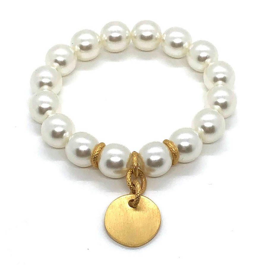 Bracelets * | Deborah Grivas White Glass Pearl Matte Gold Charm Stretch Bracelet Bracelets