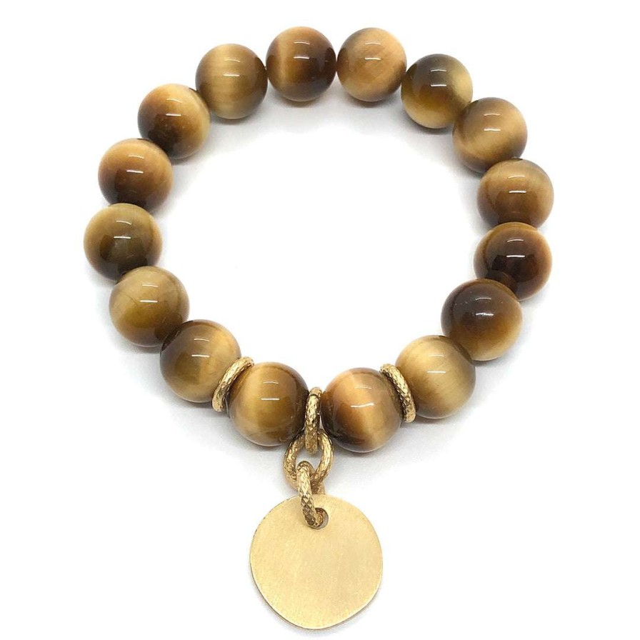 Bracelets * | Deborah Grivas Yellow Tiger Eye Matte Gold Charm Stretch Bracelet