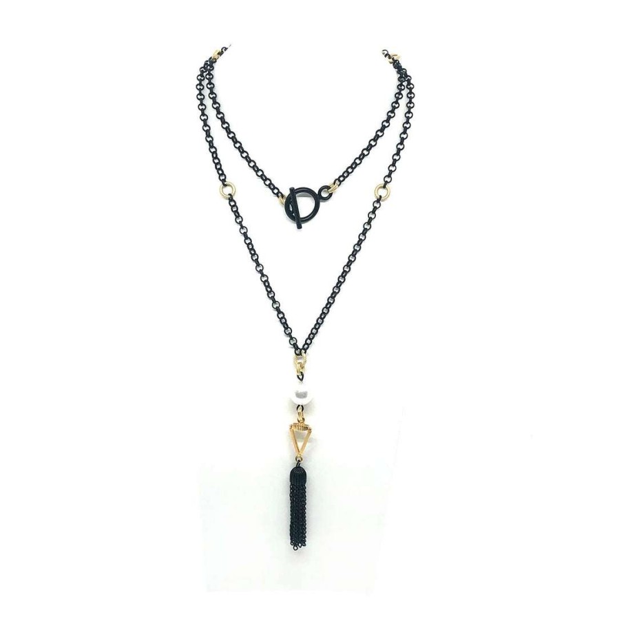 Necklaces * | Deborah Grivas Pearl Matte Black Tassel Matte Black Rolo Chain With Matte Gold Accent Necklace