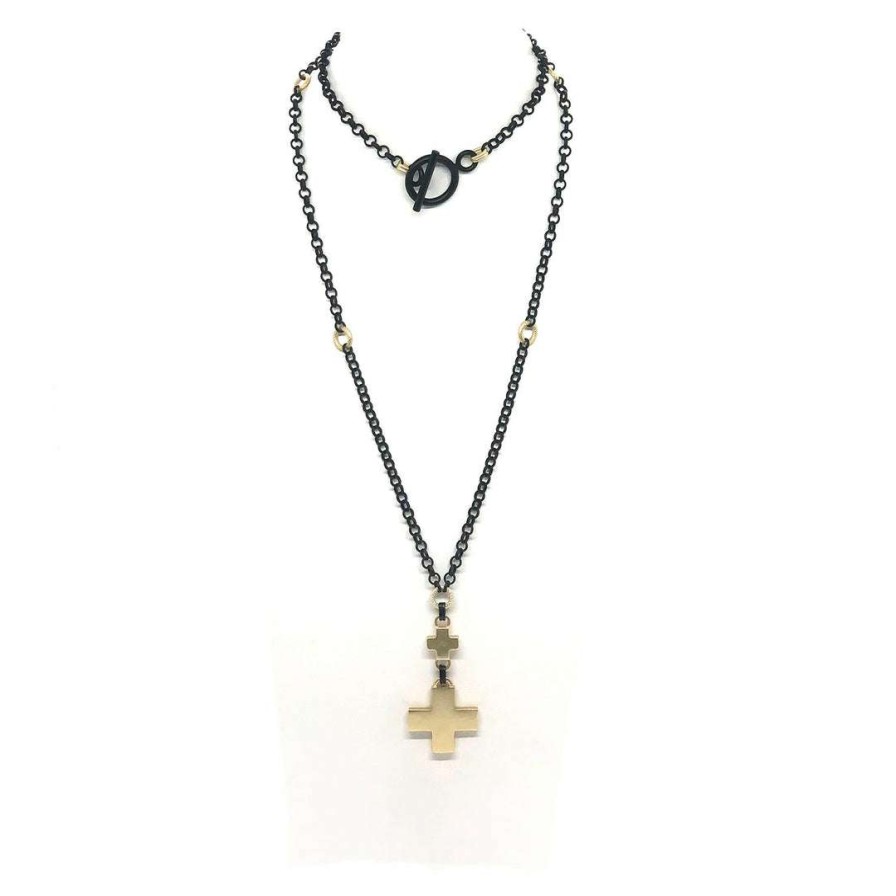 Necklaces * | Deborah Grivas Matte Black And Matte Gold Rolo Chain With Matte Gold Double Cross Pendant