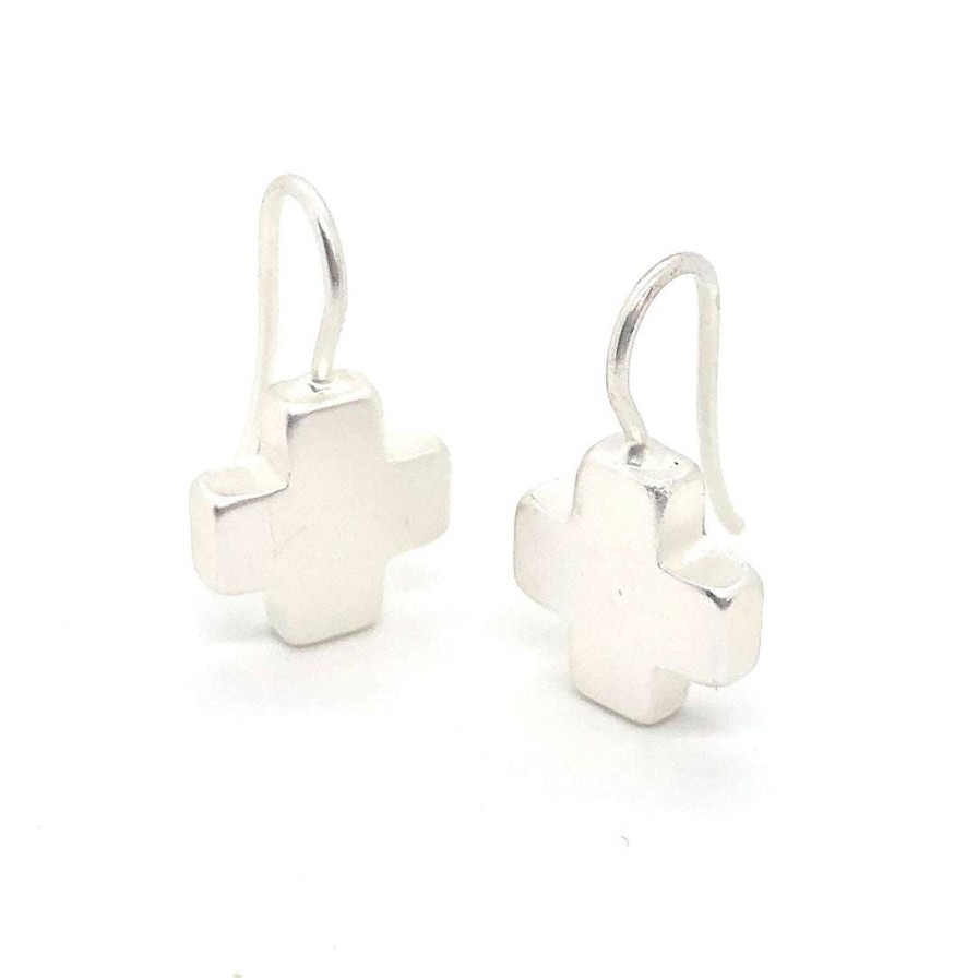 Earrings * | Deborah Grivas Matte Silver Cross Wire Earring