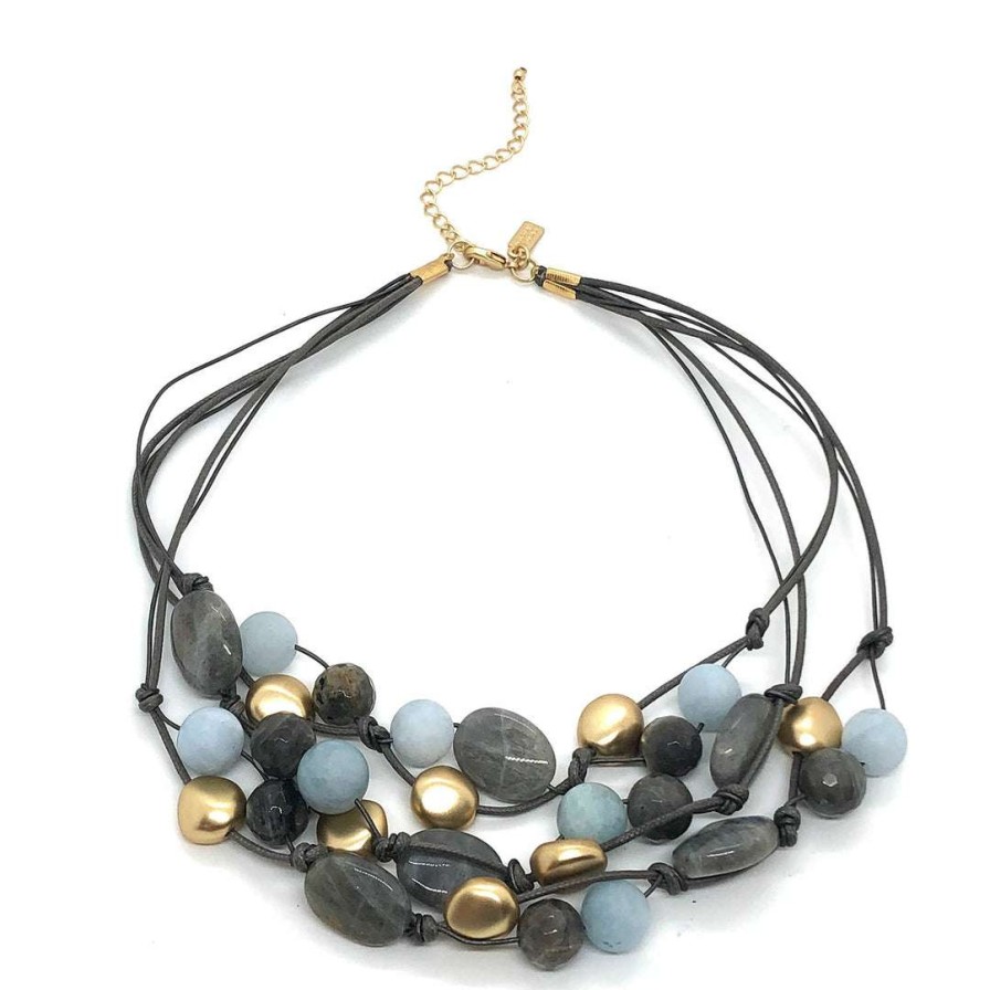 Necklaces * | Deborah Grivas Natural Labradorite, Matte Aquamarine And Matte Gold Bead Toursade Necklace