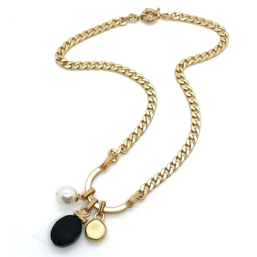 Necklaces * | Deborah Grivas Necklaces Horseshoe Pearl And Matte Black Crystal Charm Necklace