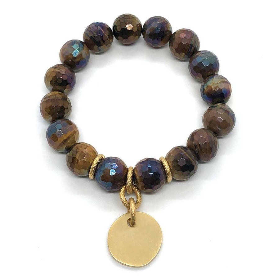 Bracelets * | Deborah Grivas Brown Glazed Tiger Eye Stretch Bracelet With Charm