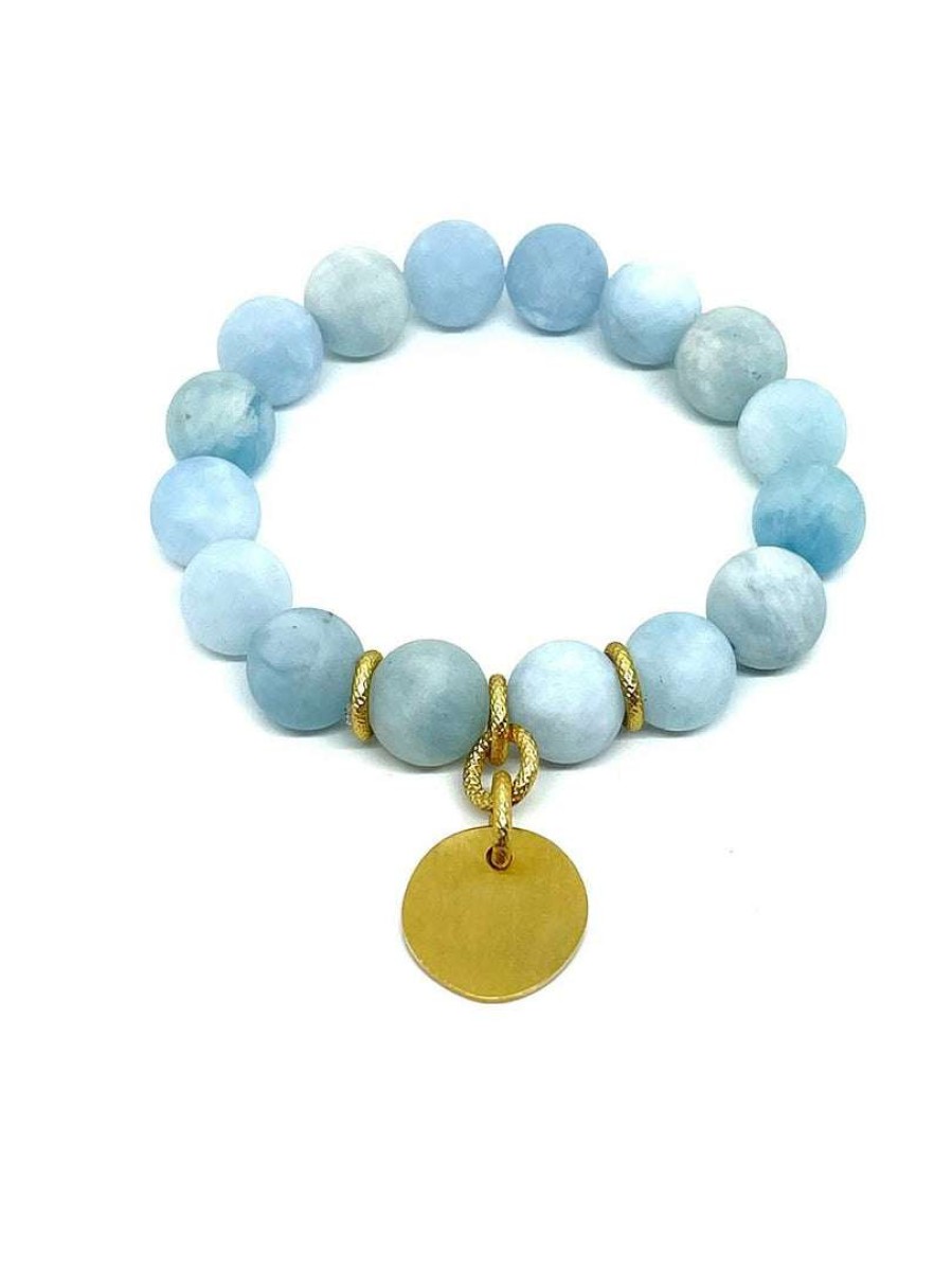 Bracelets * | Deborah Grivas New Arrivals Matte Aqua Marine Matte Gold Charm Stretch Bracelet