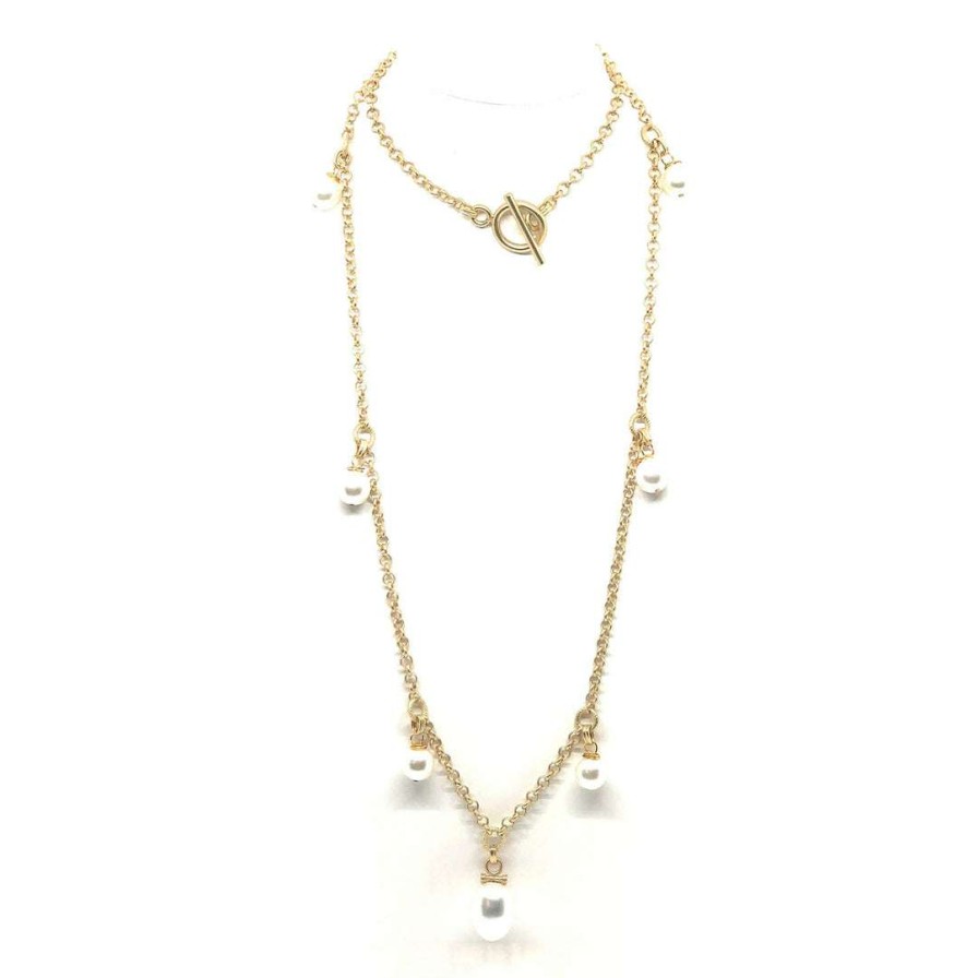 Necklaces * | Deborah Grivas White Pearl Matte Gold Charm Matte Gold Accent Rolo Chain Necklaces