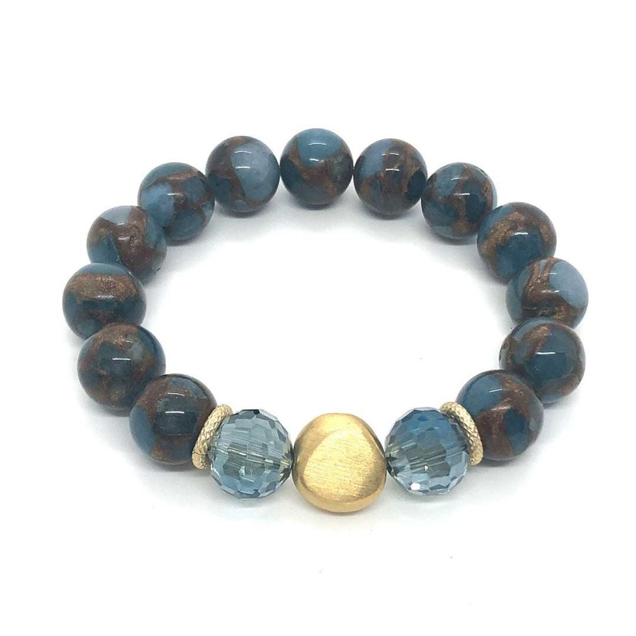 Bracelets * | Deborah Grivas Teal Composite Quartz With Labradorite Color Crystal Flat Matte Gold Nugget Stretch Bracelet Bracelets