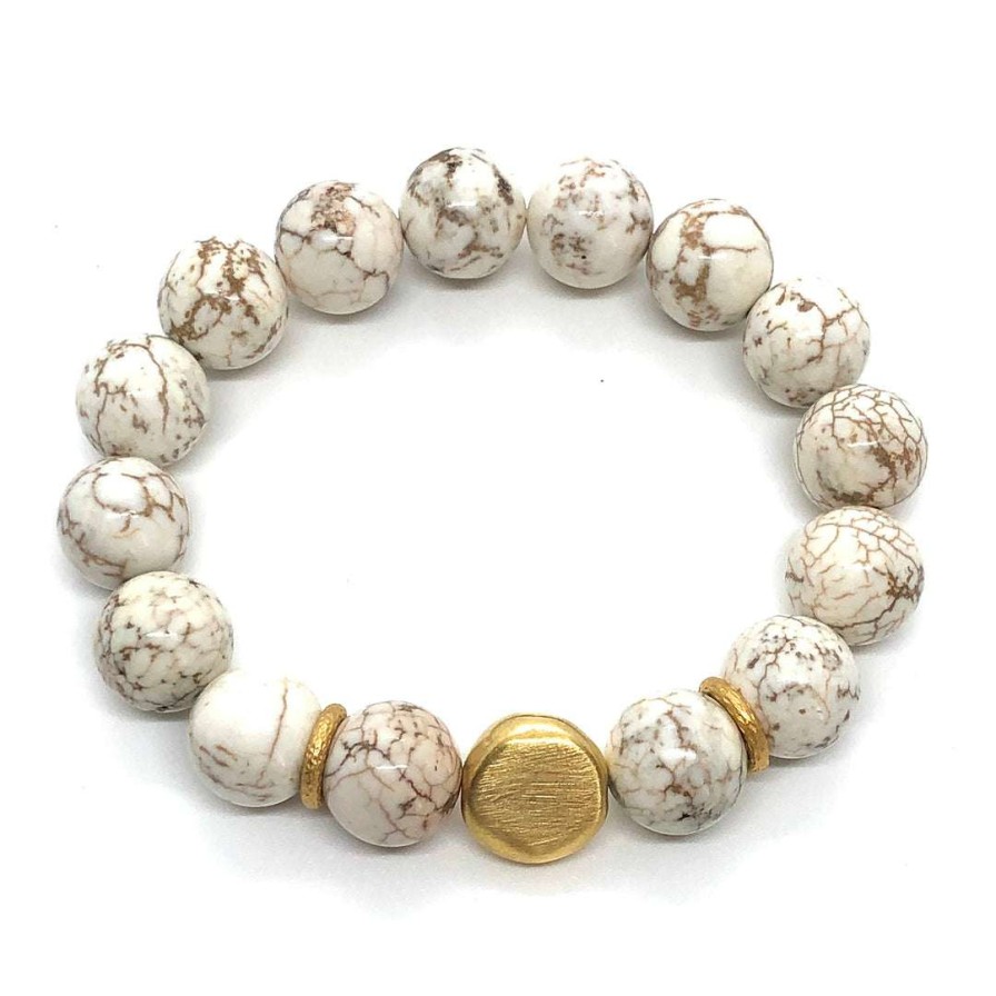 Bracelets * | Deborah Grivas White Magnesite Matte Gold Nugget Stretch Bracelet Bracelets