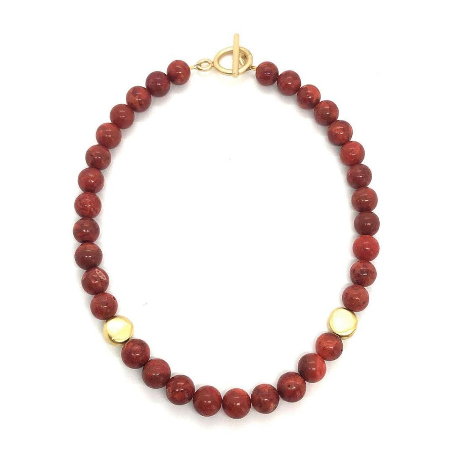 Necklaces * | Deborah Grivas Red Sponge Coral With Matte Gold Flat Bead Necklace