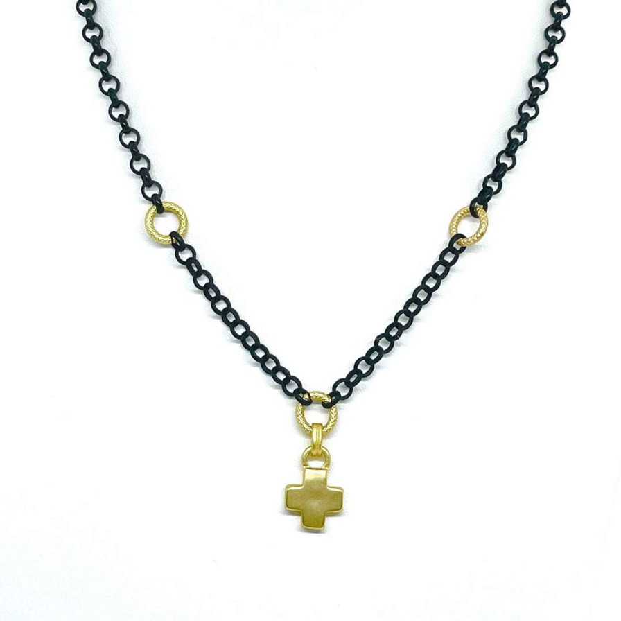 Necklaces * | Deborah Grivas Necklaces Matte Gold Cross Pendant On Matte Black And Matte Gold Chain Necklace