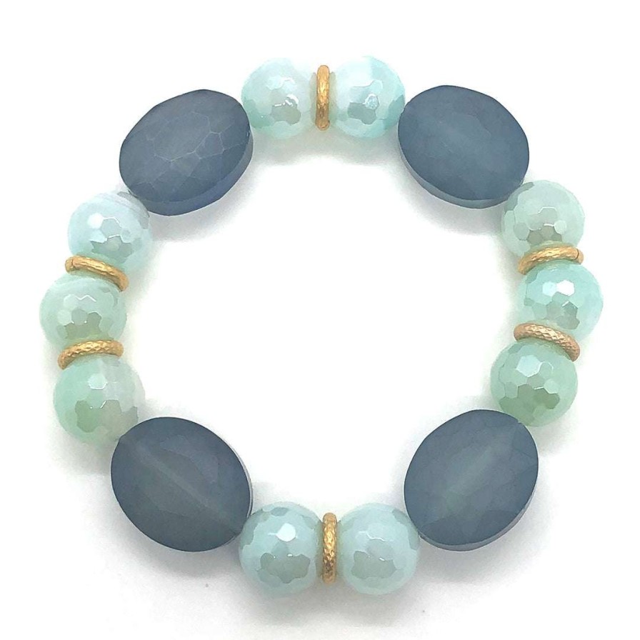 Bracelets * | Deborah Grivas Matte Blue Crystal And Glazed Agate Stretch Bracelet Bracelets